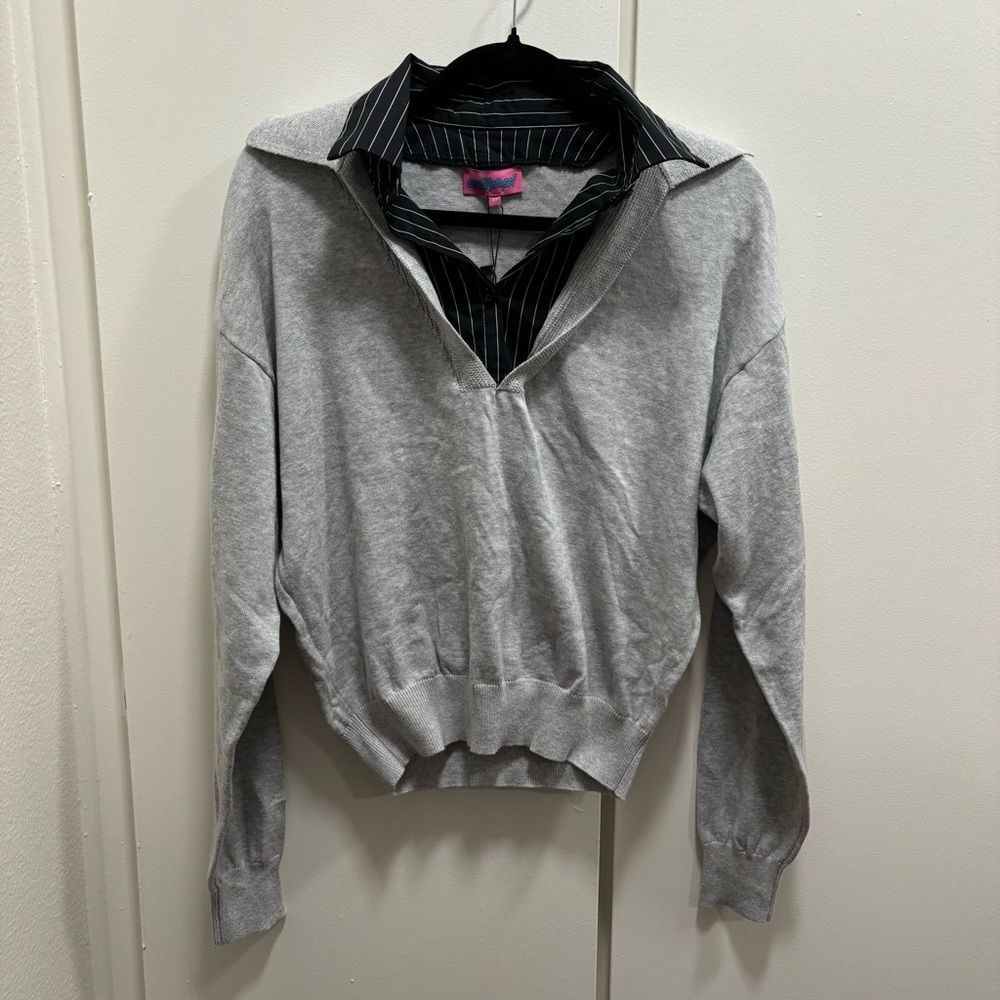 NWT Edikted Sz XS Rue Double Collared Sweater Grey Black Preppy Academia